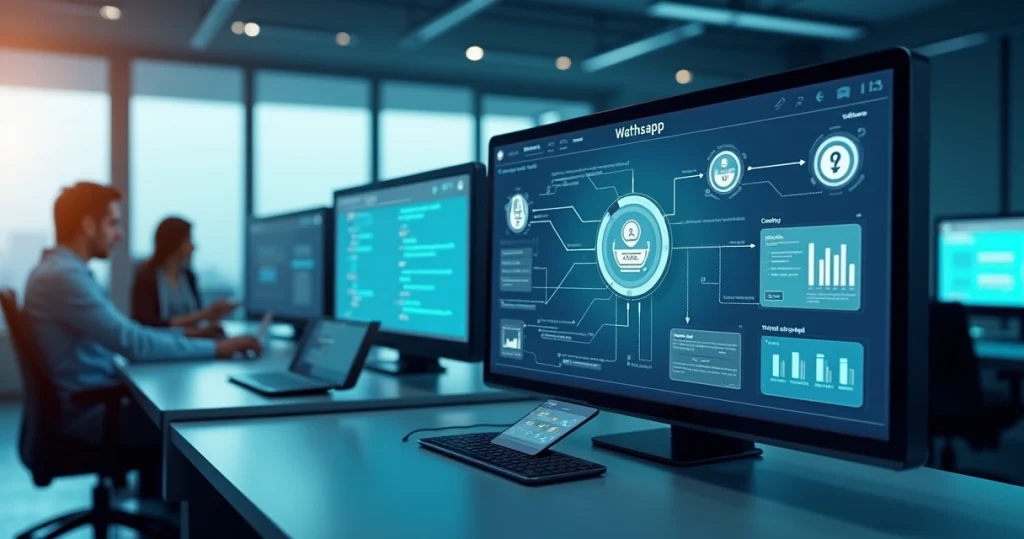 Dashboard moderno mostrando automação de workflow integrando WhatsApp, PABX Virtual e chatbots em uma plataforma omnichannel