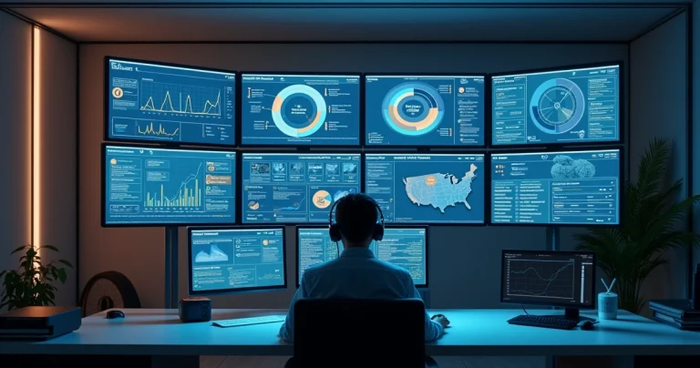 Central de atendimento omnicanal com telas mostrando gráficos de desempenho, fluxos de trabalho e comunicação unificada