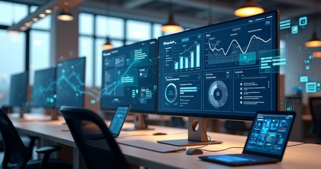 Central de atendimento empresarial moderna com monitores exibindo painéis de PABX virtual e gráficos de comunicação integrado