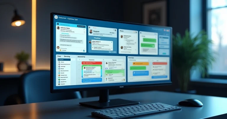 Interface digital mostrando centralização de múltiplos canais de atendimento em tela dividida com WhatsApp, chatbot, PABX virtual e workflow visual