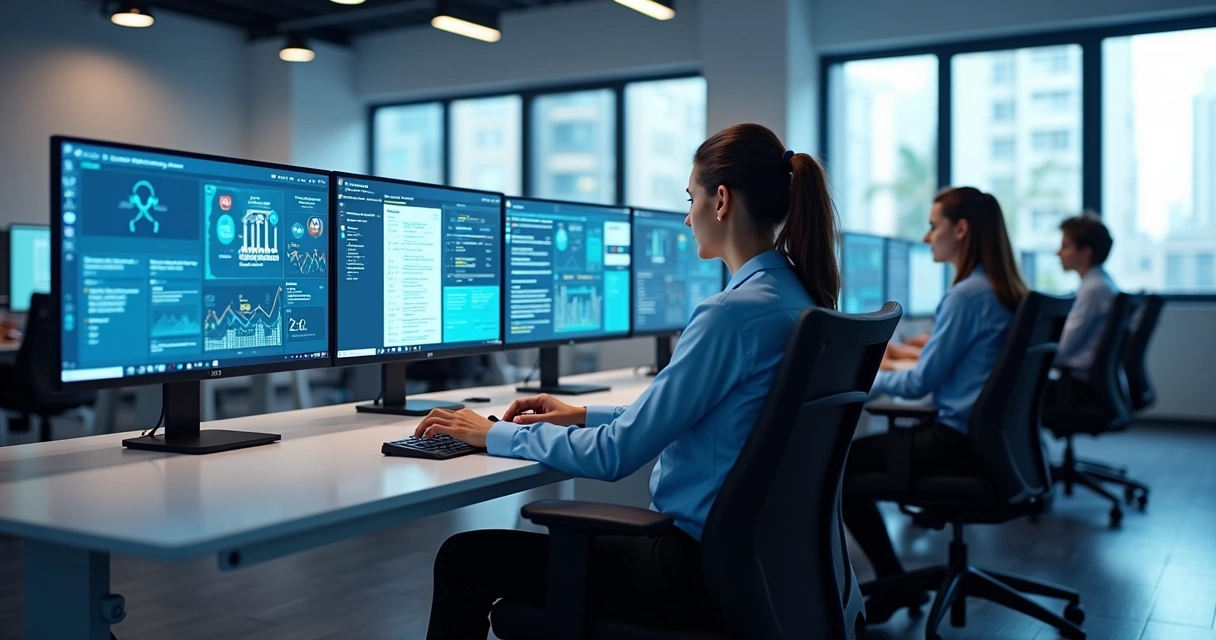 Central de atendimento moderna mostrando agentes em computadores com múltiplas telas integrando canais de voz, chat e mensagens