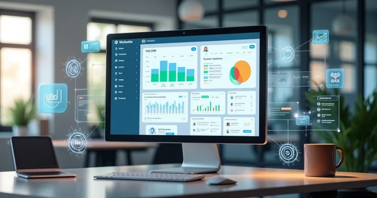 Tela de computador mostrando dashboard de CRM com múltiplos canais integrados como WhatsApp, e-mail e telefone