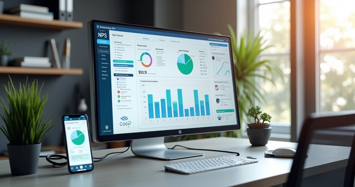 Tela de computador mostrando dashboard de NPS integrado com múltiplos canais de atendimento omnichannel, gráficos e chatbots no fundo