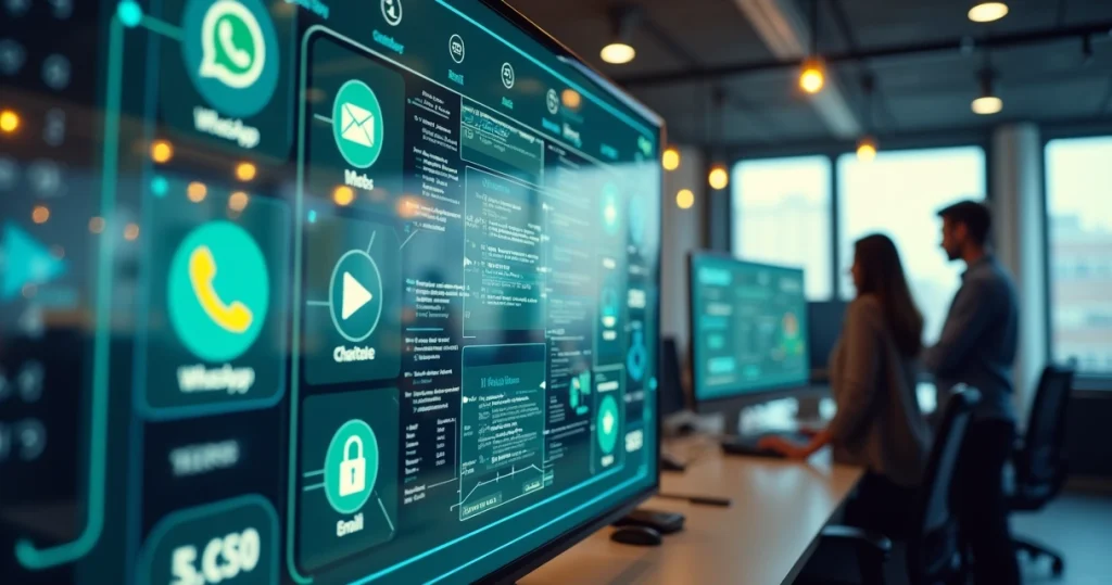 Painel digital mostrando integração de múltiplos canais de atendimento ao cliente em uma empresa moderna