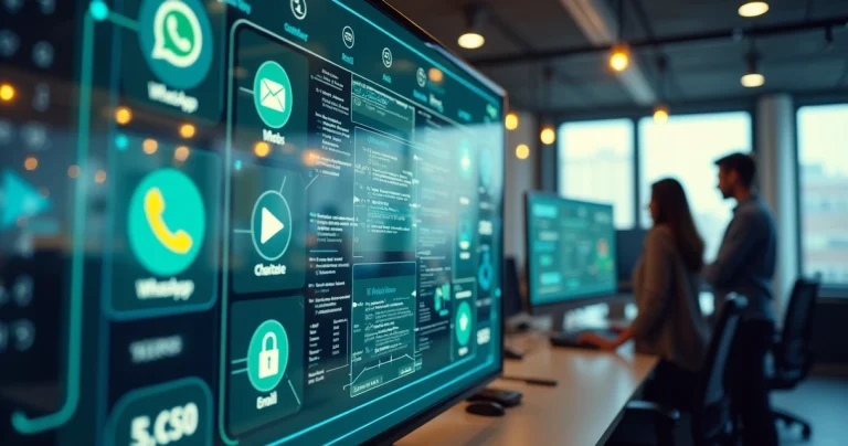 Painel digital mostrando integração de múltiplos canais de atendimento ao cliente em uma empresa moderna