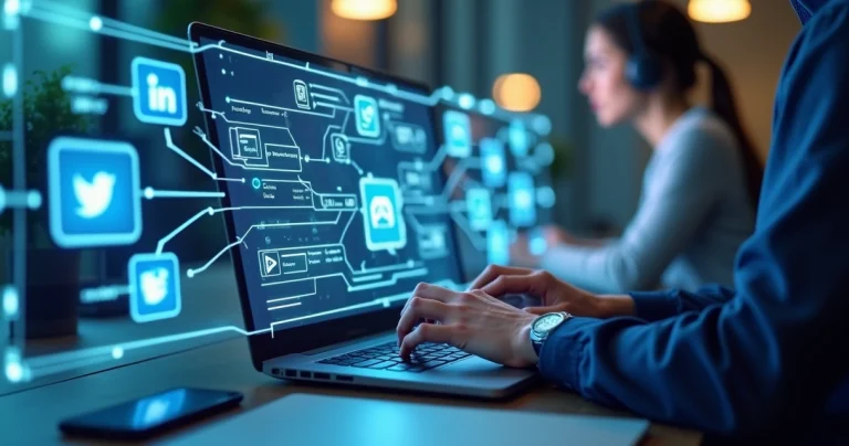 Representação digital de fluxos de atendimento omnichannel interligados em painel moderno com ícones e conexões coloridas