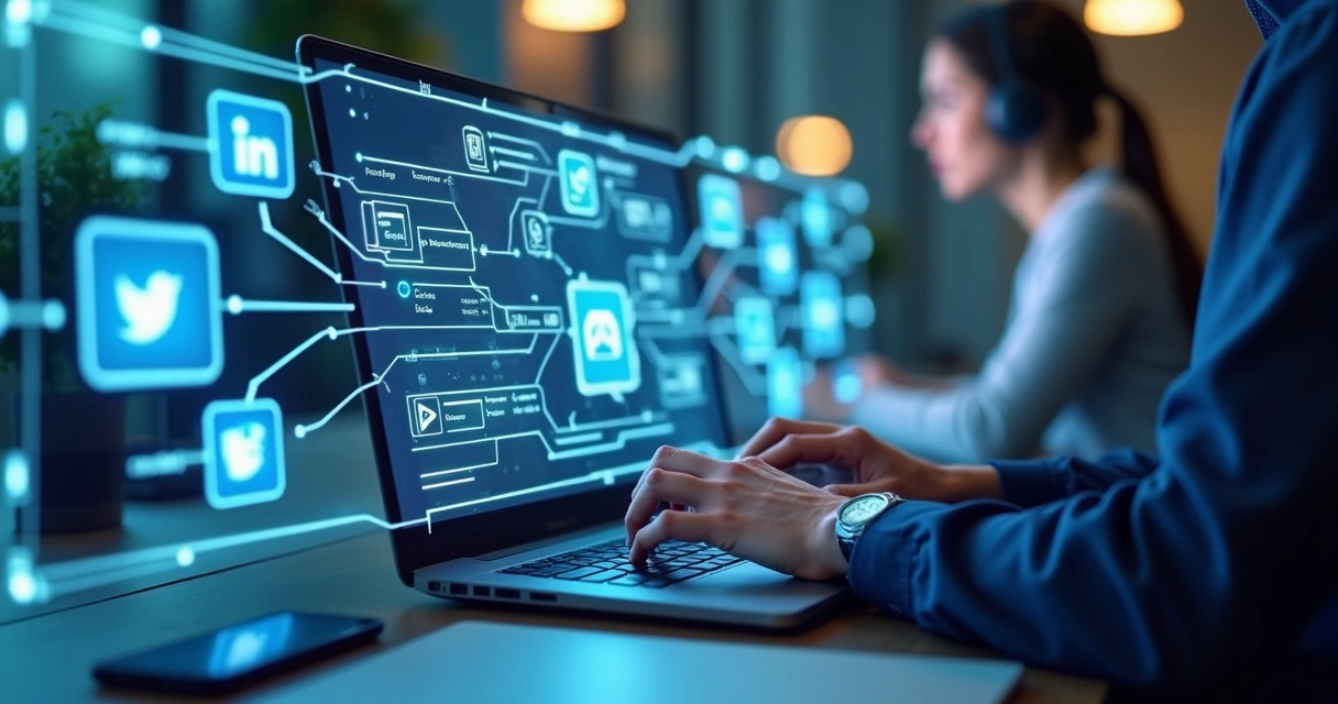Representação digital de fluxos de atendimento omnichannel interligados em painel moderno com ícones e conexões coloridas