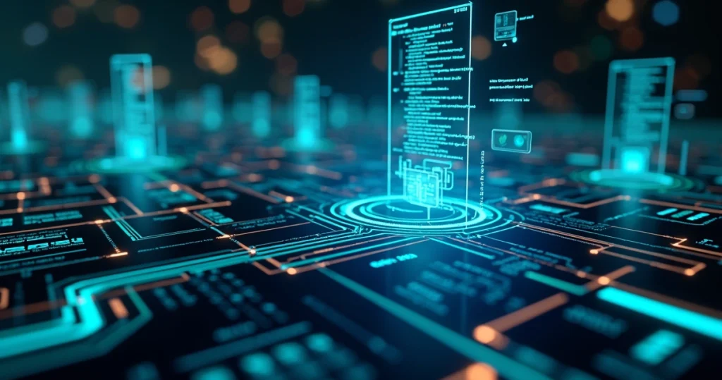 Interface digital mostrando conexões e fluxos de dados entre microsserviços e APIs em plataforma empresarial