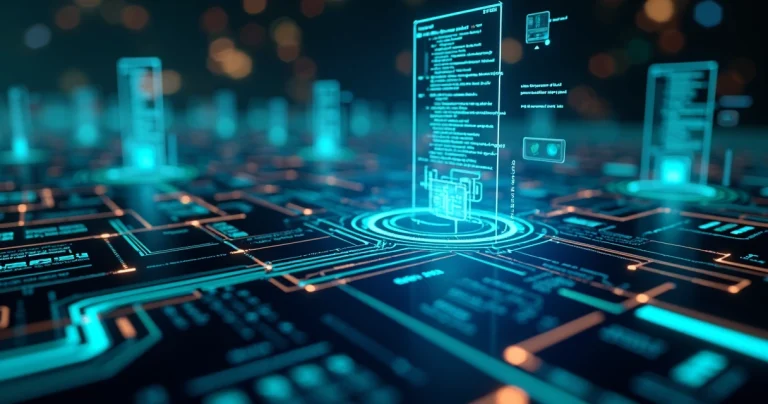 Interface digital mostrando conexões e fluxos de dados entre microsserviços e APIs em plataforma empresarial
