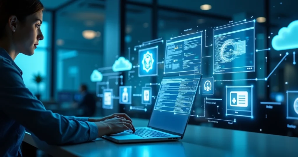 Interface digital com telas mostrando integração de sistemas e fluxos automatizados em comunicação entre plataformas de atendimento