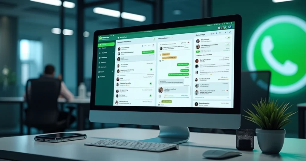 Tela de computador mostrando dashboard de atendimento omnichannel com WhatsApp integrado, chatbots e fluxos automatizados