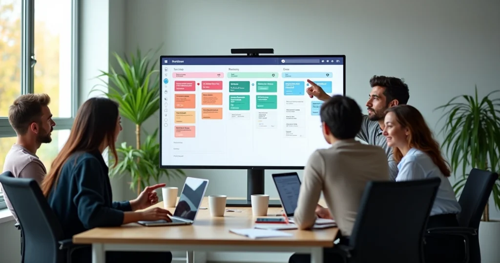 Quadro kanban digital com colunas coloridas e cartões de tarefas organizados em fluxo de trabalho visual