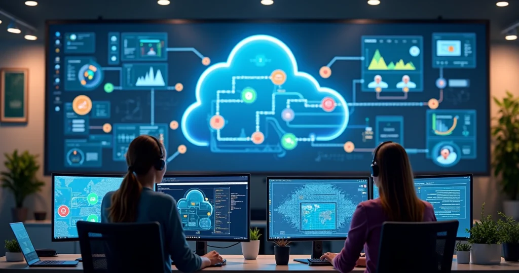 Central de atendimento moderna com telas exibindo fluxo de chamadas na nuvem e equipe interagindo remotamente