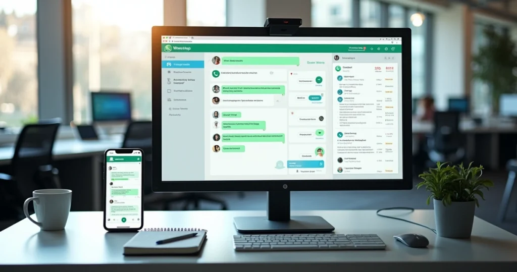 Tela de computador mostrando central de atendimento com integração de WhatsApp e fluxos automatizados