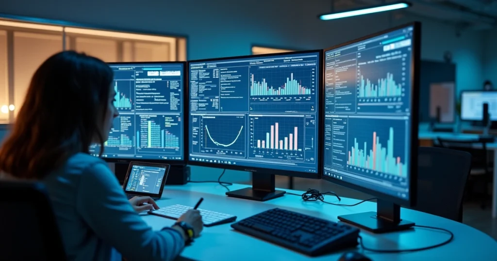 Mesa de escritórios com múltiplos dispositivos mostrando interfaces de atendimento omnichannel, como chat, telefonia virtual, e dashboards Kanban