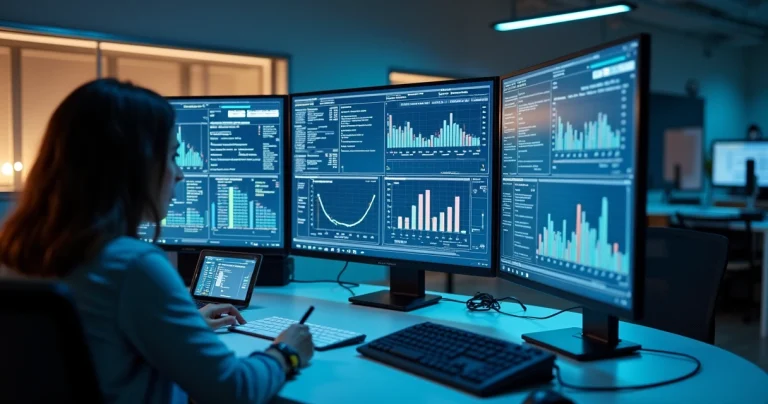 Mesa de escritórios com múltiplos dispositivos mostrando interfaces de atendimento omnichannel, como chat, telefonia virtual, e dashboards Kanban
