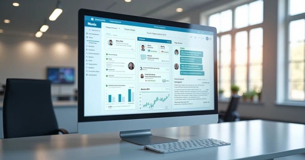 Interface de plataforma CRM mostrando integração de canais como WhatsApp, chatbots e PABX virtual