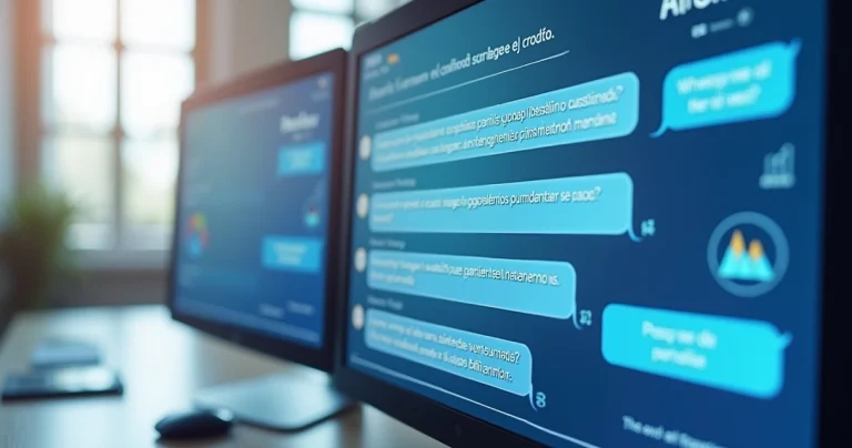 Interface de chatbot respondendo dúvidas de clientes em pós-venda, com mensagens em balões sobre fundo claro e uma tela de computador ao fundo mostrando gráficos de satisfação