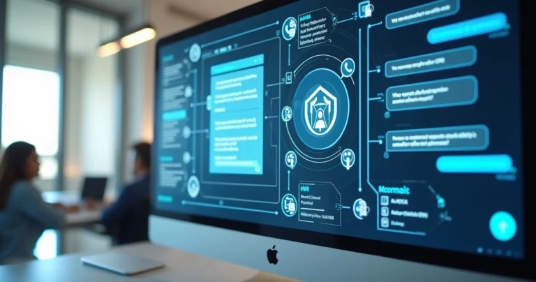 Interface digital mostrando chatbot integrado a múltiplos canais como WhatsApp, telefone e web em tela de alta resolução