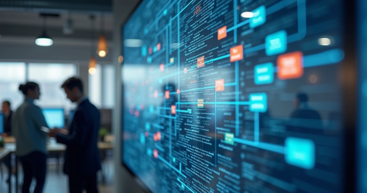 Painel digital com fluxos de trabalho automatizados em atendimento ao cliente em ambiente de escritório moderno
