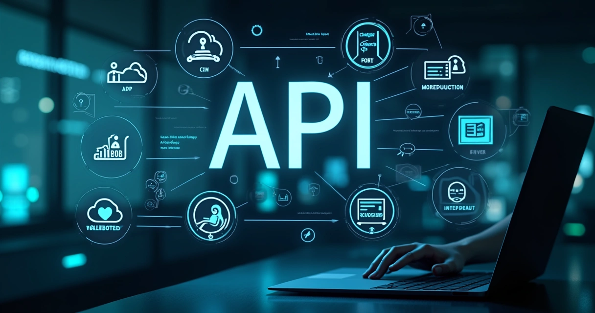 Interface digital de integração de sistemas com diagramas de conexões, códigos e ícones de tecnologia
