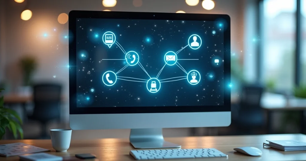 Computador com tela mostrando integração de PABX Virtual e WhatsApp, símbolos de comunicação conectados por linhas digitais azuis