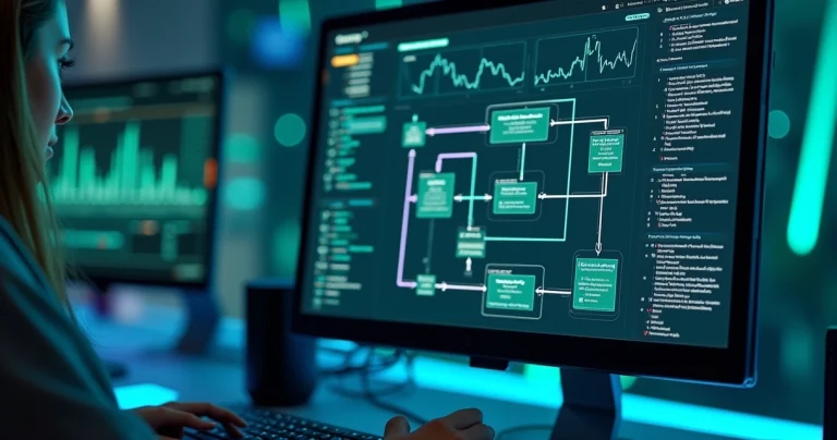 Tela de computador mostrando integração de sistemas via webhook com dados em tempo real e gráficos tecnológicos