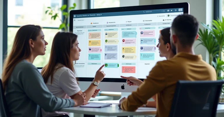 Painel Kanban digital exibido em tela de computador com equipe de atendimento colaborando ao redor