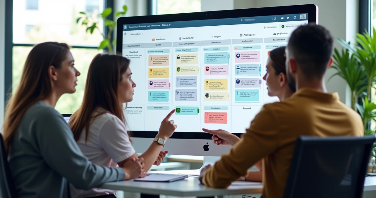 Painel Kanban digital exibido em tela de computador com equipe de atendimento colaborando ao redor