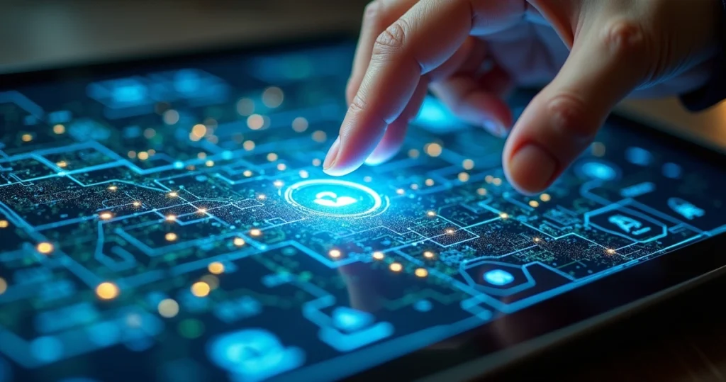 Tela de computador exibindo mapa visual da jornada do cliente com fluxos de atendimento automatizados e ícones de canais digitais integrados
