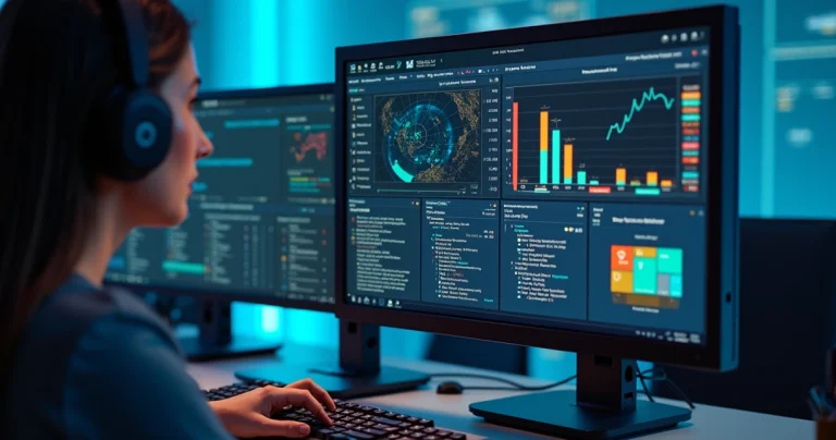 Tela de computador mostrando gráfico detalhado de NPS com categorias promotores, neutros e detratores e equipe analisando resultados em reunião