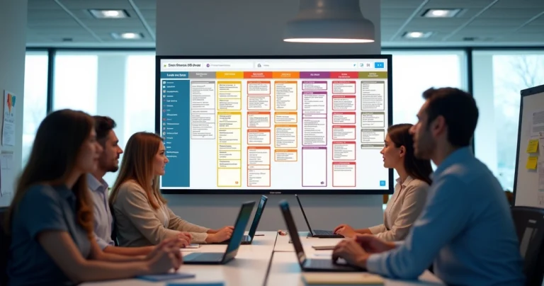 Quadro Kanban digital com colunas coloridas e cartões organizando tarefas em ambiente de escritório moderno