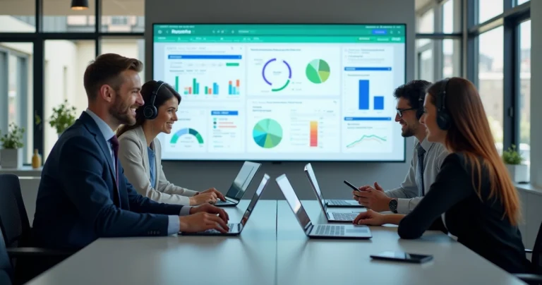 Equipe de atendimento ao cliente em escritório conversando face a face durante handover organizado com telas digitais ao fundo