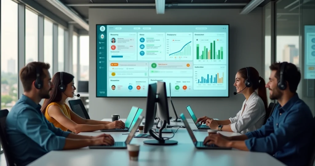 Equipe de atendimento usando painel omnichannel em grande tela