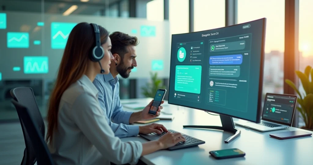 Equipe de atendimento usando plataforma multicanal com WhatsApp chat e telefone na mesma tela