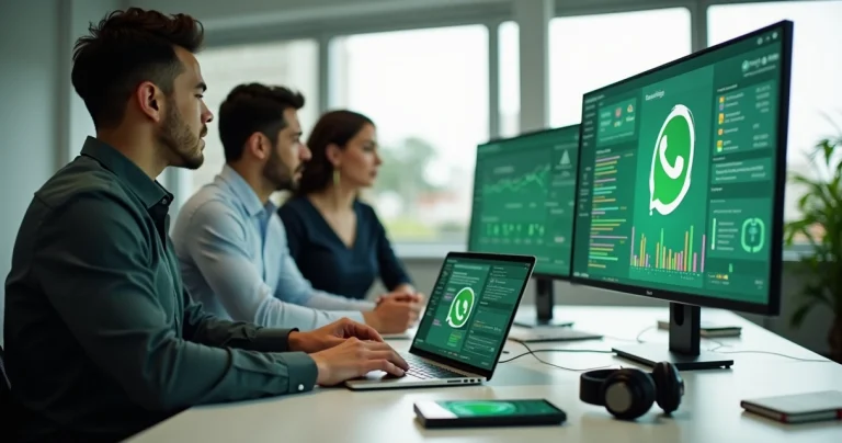 Equipe de atendimento usando WhatsApp Business em painel unificado no computador