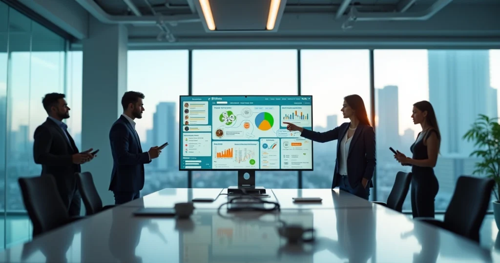 Equipe acompanhando painel de automação de atendimento com chatbot e múltiplos canais na tela