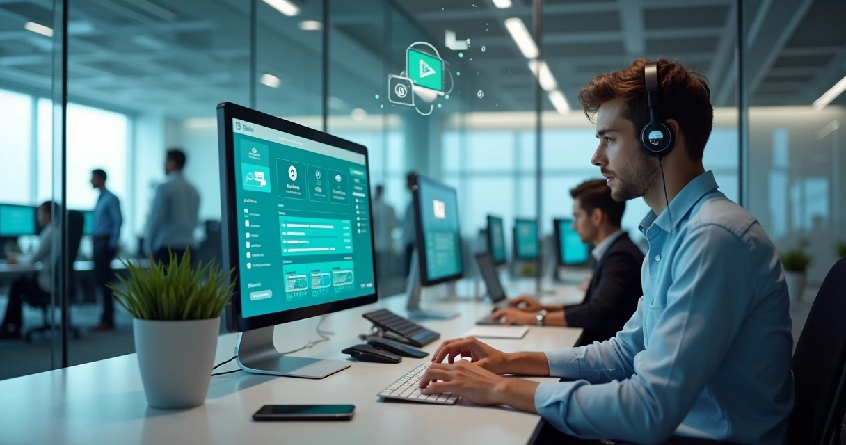 Equipe de atendimento em call center em nuvem usando múltiplos canais na mesma tela