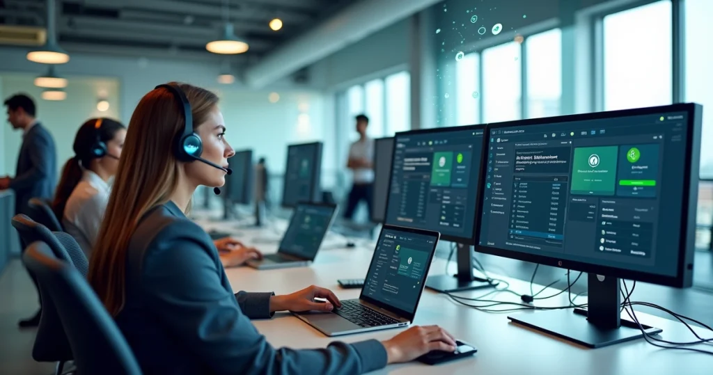 Equipe em escritório moderno usando telefonia corporativa VoIP em computadores e smartphones