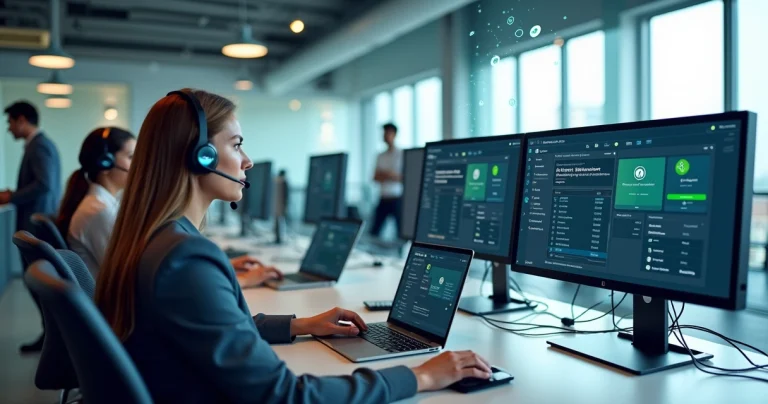 Equipe em escritório moderno usando telefonia corporativa VoIP em computadores e smartphones