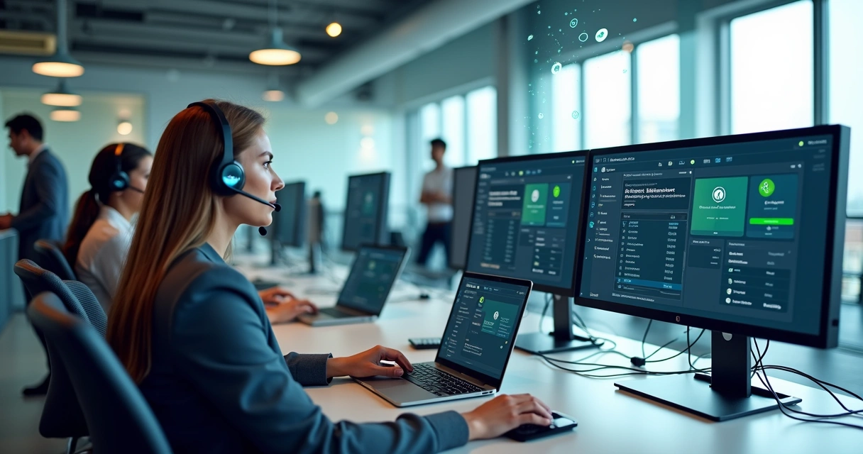 Equipe em escritório moderno usando telefonia corporativa VoIP em computadores e smartphones