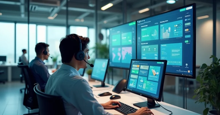 Equipe de atendimento usando telefonia VoIP em painel unificado na empresa