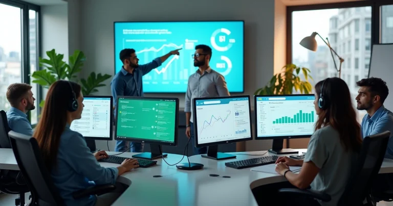 Equipe de atendimento em frente a painel omnichannel com gráficos de crescimento