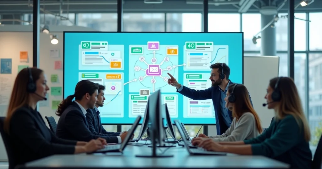 Equipe de atendimento acompanhando painel omnichannel com múltiplos canais de suporte