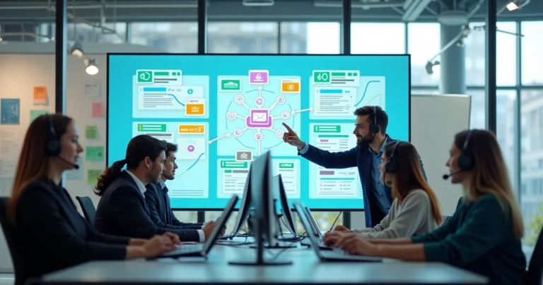 Equipe de atendimento acompanhando painel omnichannel com múltiplos canais de suporte