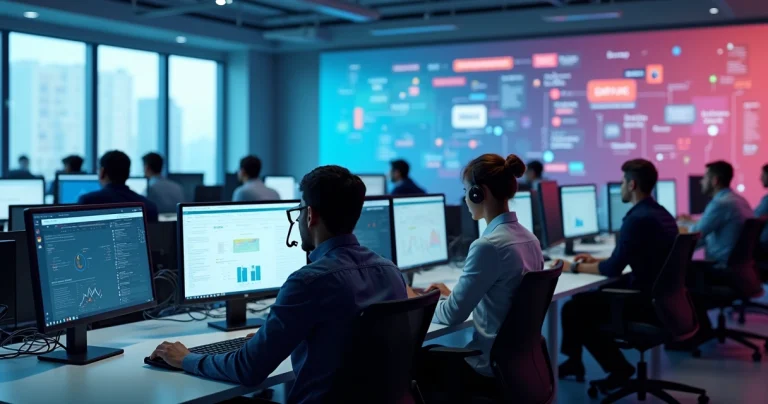 Equipe de atendimento em call center moderno com múltiplos monitores e interface de tecnologia integrada