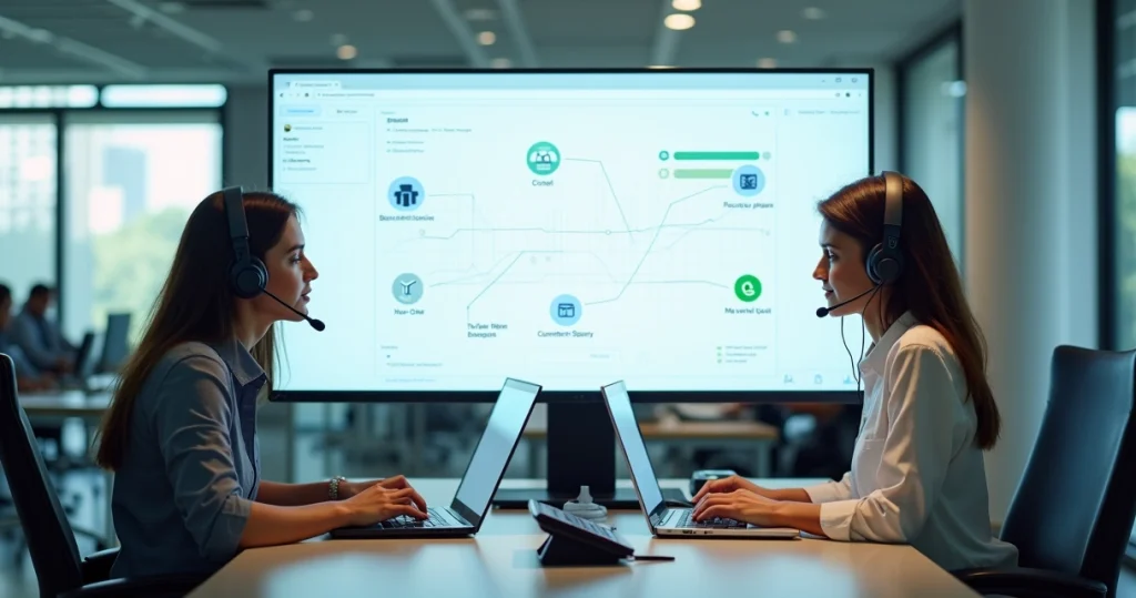 Equipe em escritório usando telefonia VoIP empresarial com softphones e dashboard em nuvem