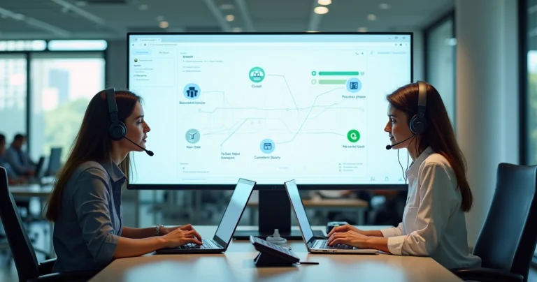 Equipe em escritório usando telefonia VoIP empresarial com softphones e dashboard em nuvem