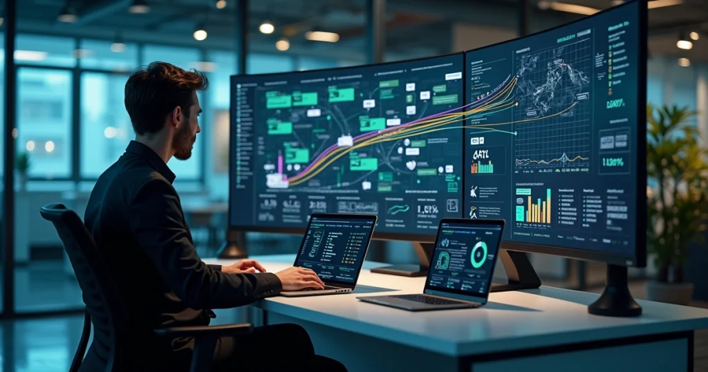 Painel de atendimento omnichannel com fluxo de conversa integrado e gráficos de dados em destaque
