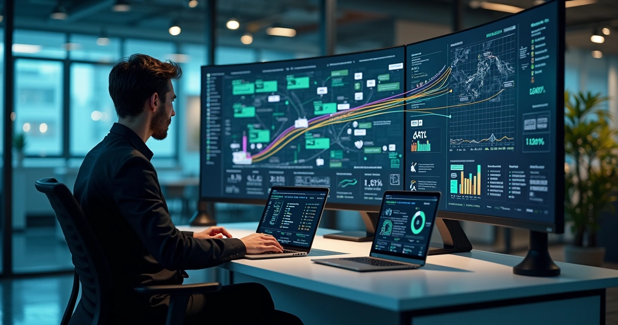 Painel de atendimento omnichannel com fluxo de conversa integrado e gráficos de dados em destaque